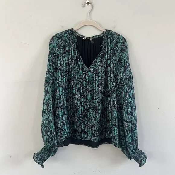 Ramy Brook Luanne Silk Pleated Smocked Teal Combo Long Sleeve Blouse
